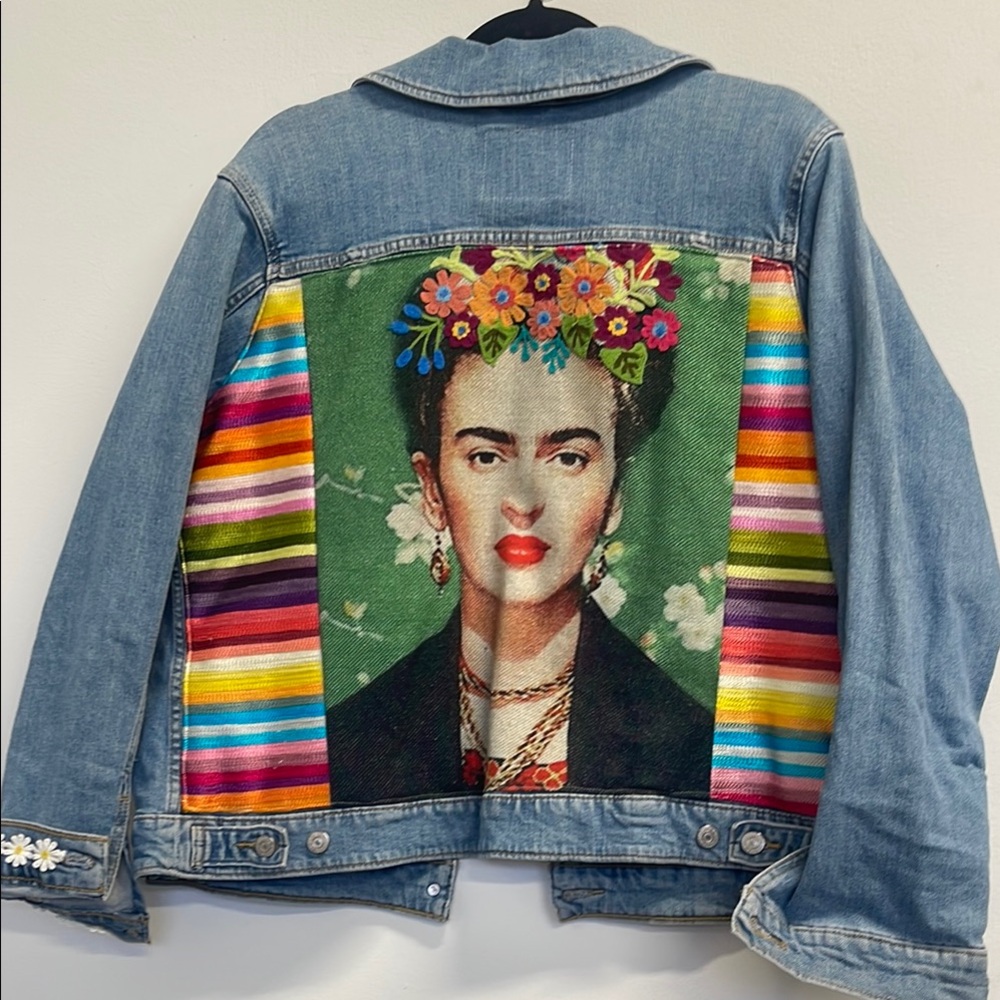 Boho Luxxe upcycled denim jacket I’m jacket with Frida Kahlo on back